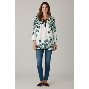 Pendleton Women XL Blouse Floral Keyhole Neck 3/4 Sleeve Top Tunic  White